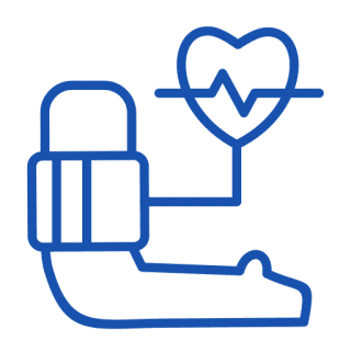 Blue line icon of a blood pressure monitor with a heart symbol.