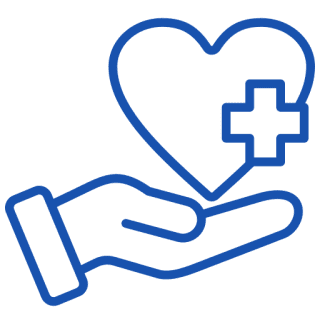 A hand holding a heart with a medical cross symbol.